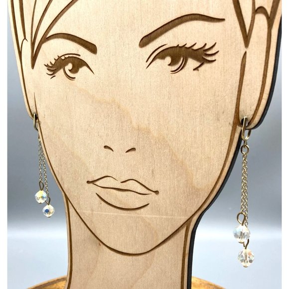 Vintage Long Dangle Crystal Earrings, Double AB Faceted Bead Drop on Gold Tone - Picture 4 of 5